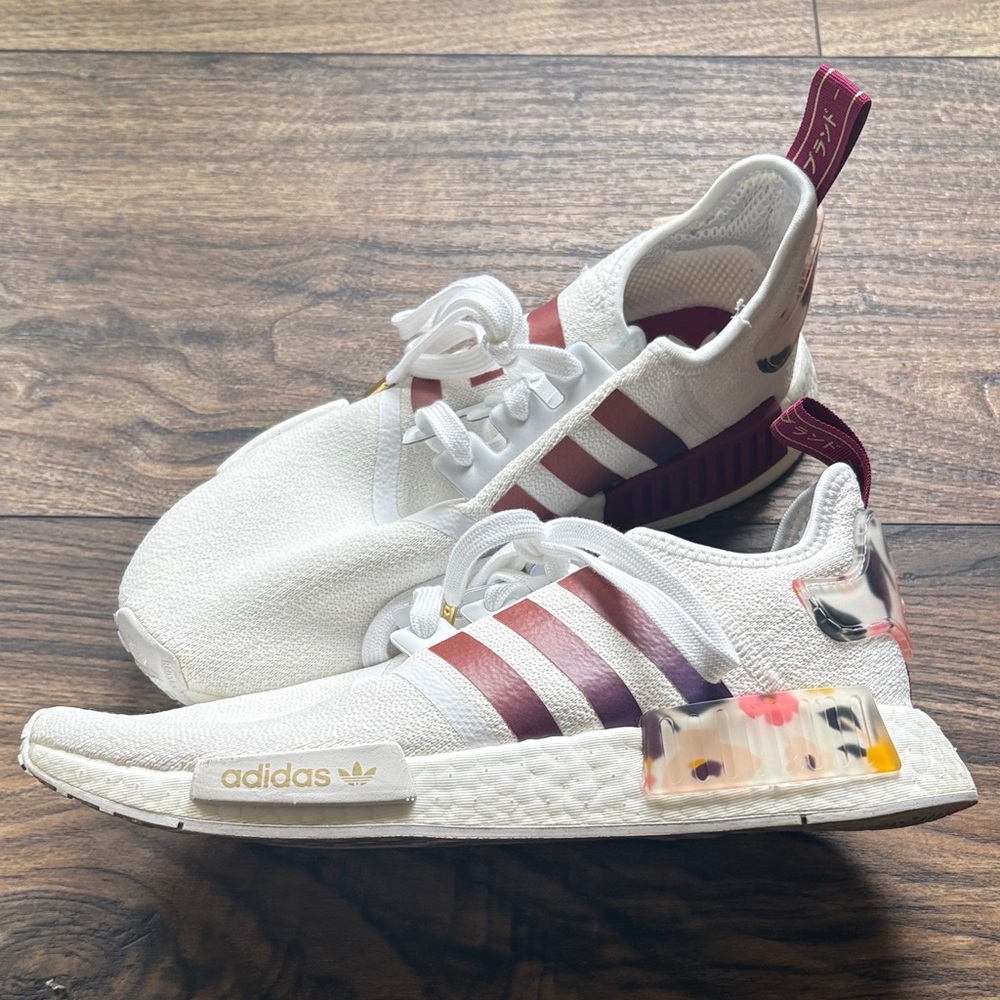 adidas Kids White Sneakers with Maroon Stripes and Gold Accents